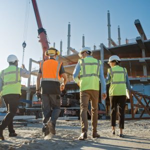 Diverse Team of Specialists Inspect Commercial, Industrial Building Construction Site. Real Estate Project with Civil Engineer, Investor and Worker. In the Background Crane, Skyscraper Formwork Frames